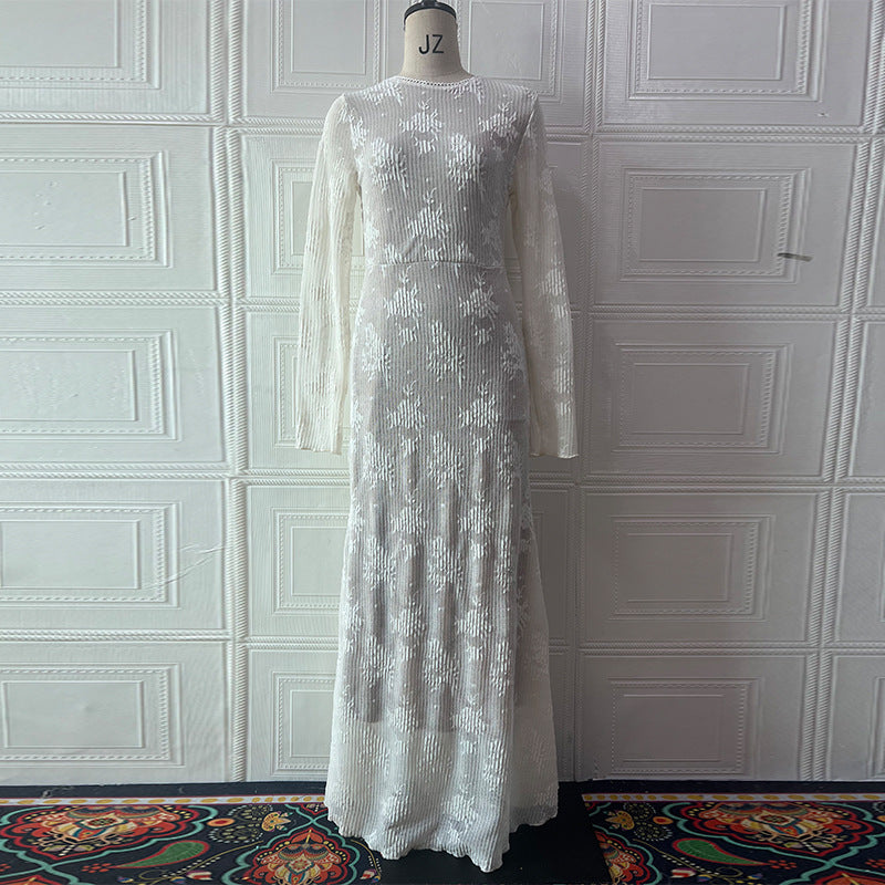 Lace Long Sleeve round Collar Dress Sexy Sexy French Slim Hollow Out Cutout Sheath Dress