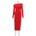 Spring Dress Women Off Shoulder Long Sleeve Waist Controlled Hip Dress Elegant Retro Red