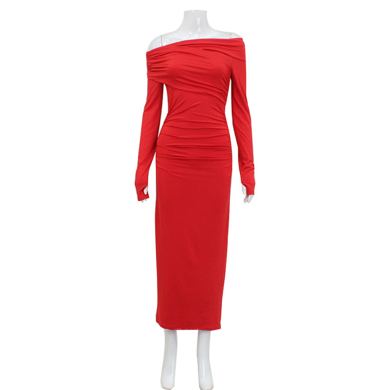 Spring Dress Women Off Shoulder Long Sleeve Waist Controlled Hip Dress Elegant Retro Red