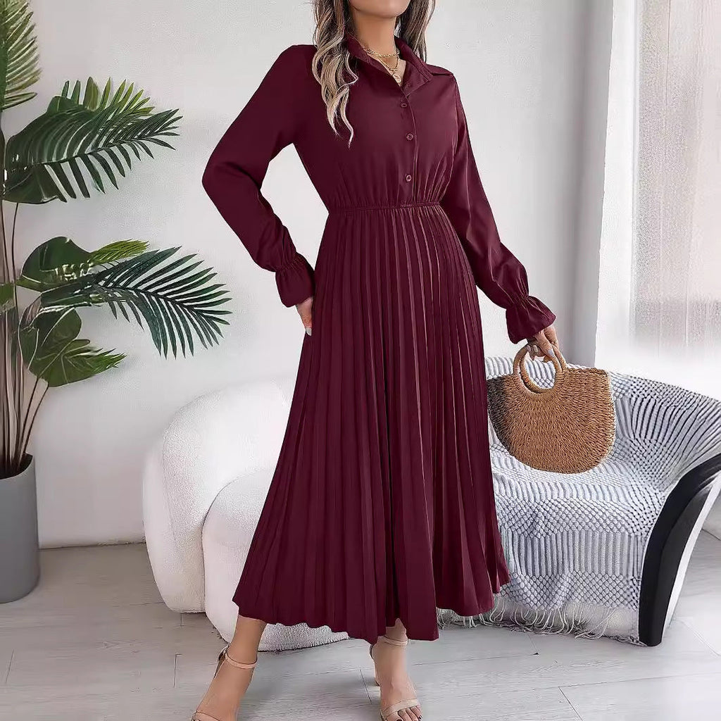 Autumn Winter Casual Collared Button Long Sleeve Cinched Pleated Maxi Dress Women Clothing