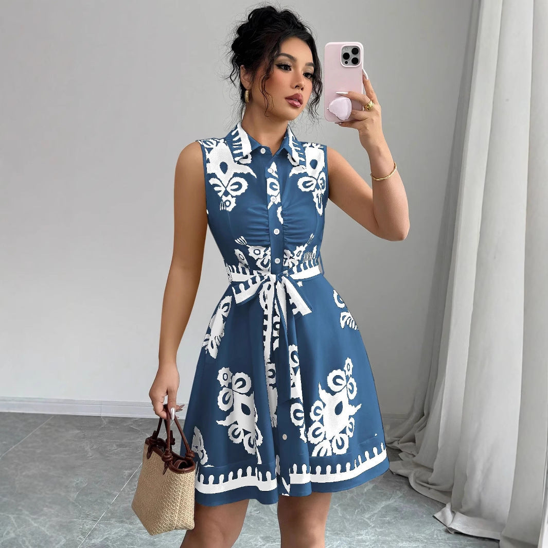Summer Women Clothing Printed Waist Controlled Lace up Sleeveless Dress