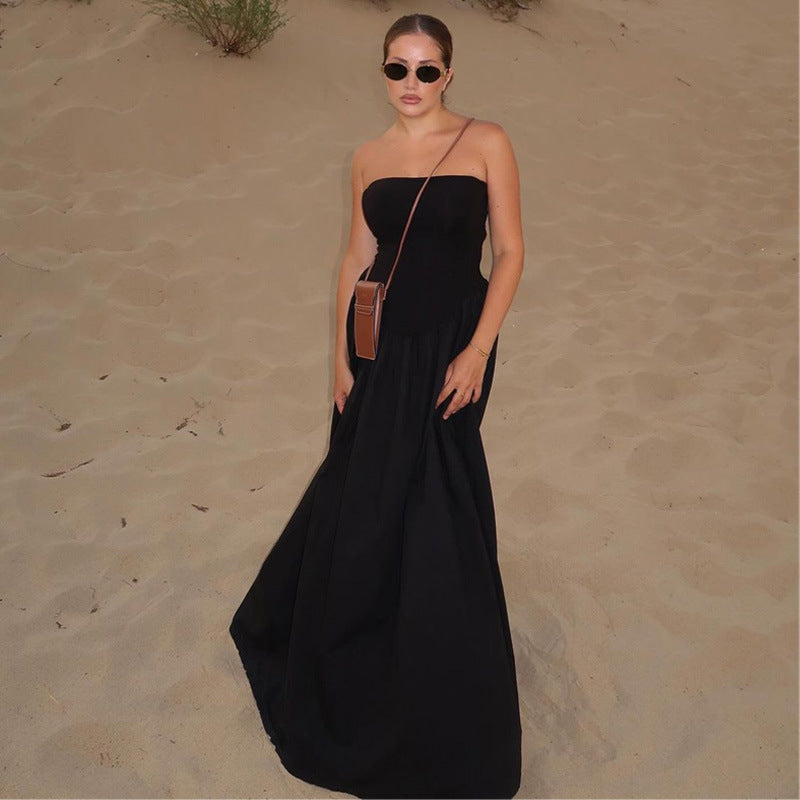 Sexy off Neck Street Loose Long Elegant Tube Top Solid Color Dress for Women