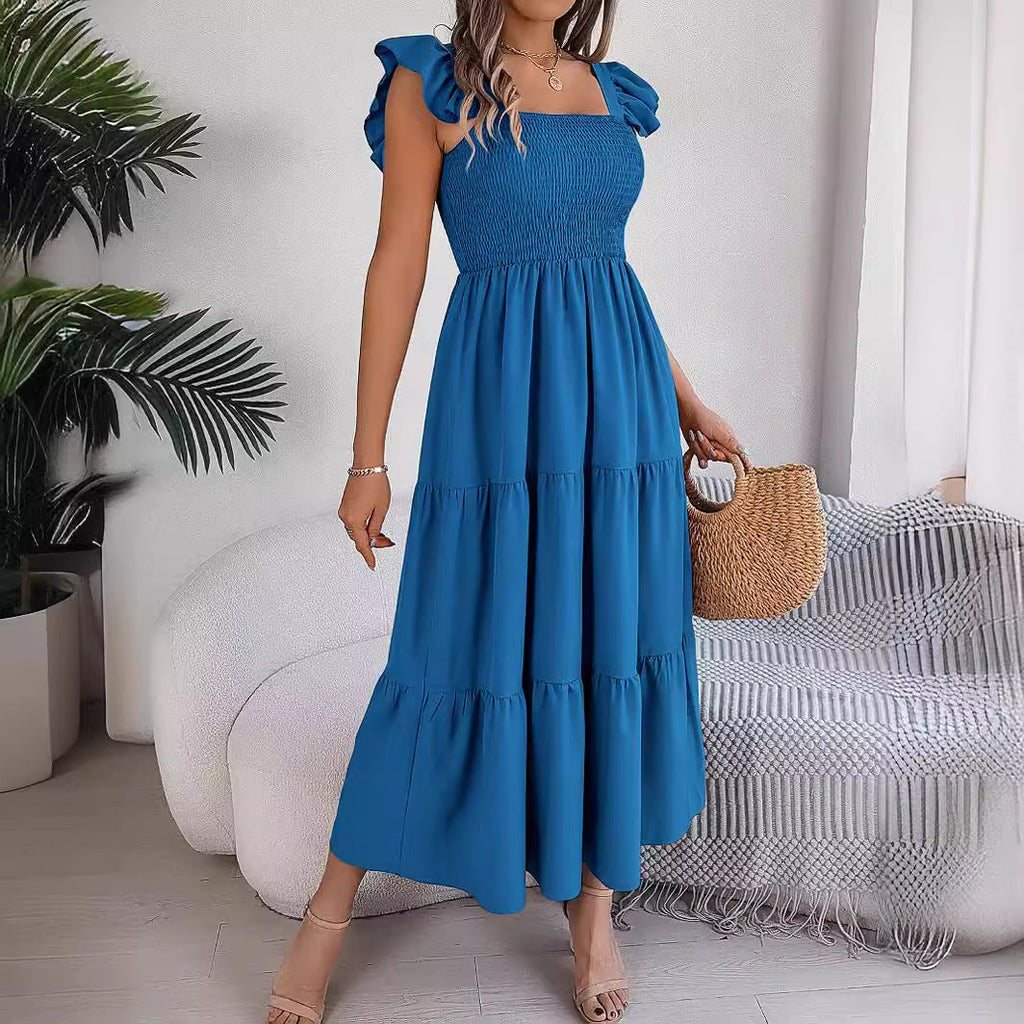 Summer Solid Color Square Collar Wooden Ear Waist A line Dress Women Clothing