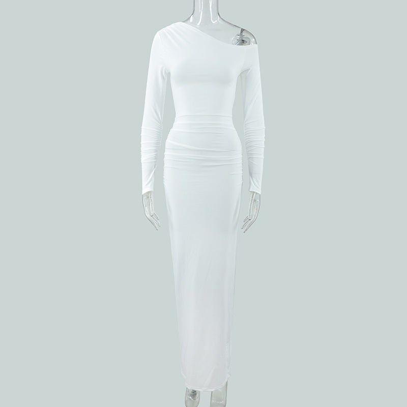 Sexy Women Clothing Sloping-Shoulder off the Shoulder Long Sleeve Slim Fit Pleated Long Socialite Dress