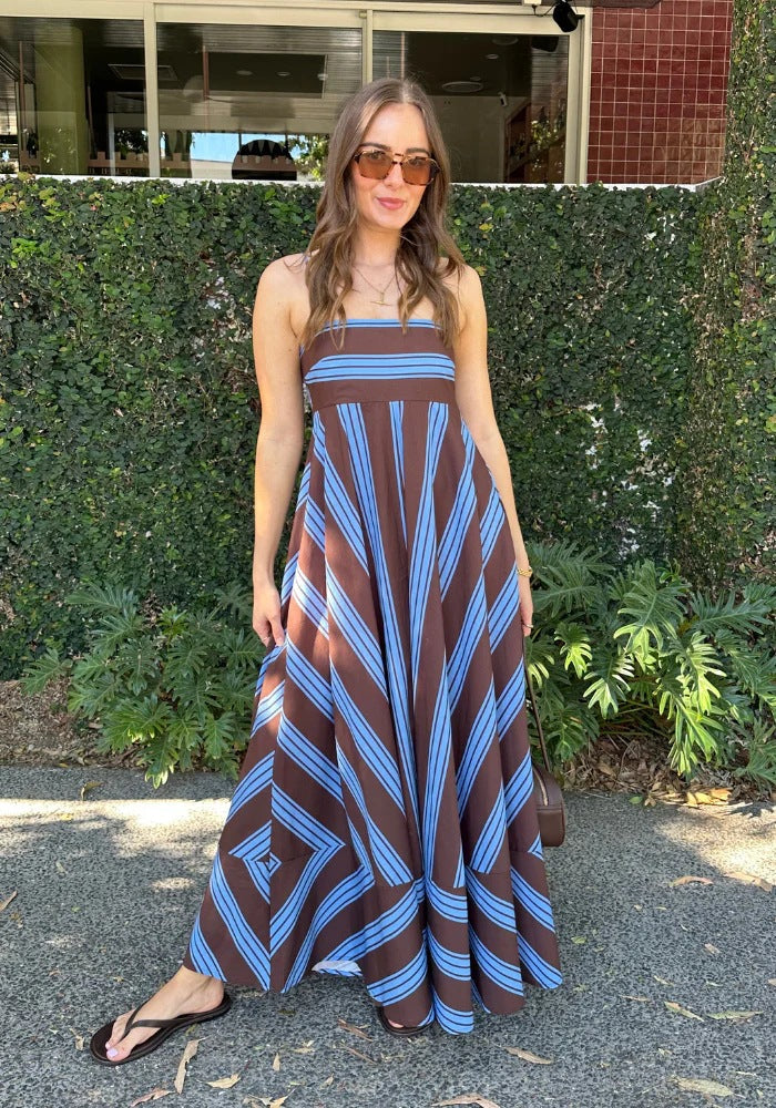 Summer Dress Striped Printed High Waist Big Swing French Cami Dress
