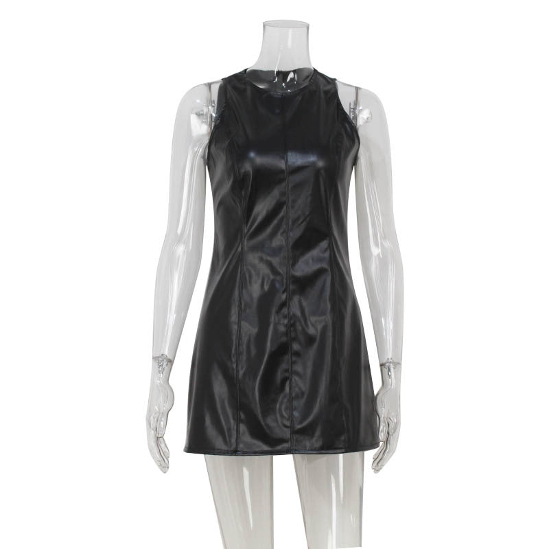 Women Clothing Sexy Sleeveless Vest Dress Slim Fit Slimming Retro Faux Leather Dress Short Dress