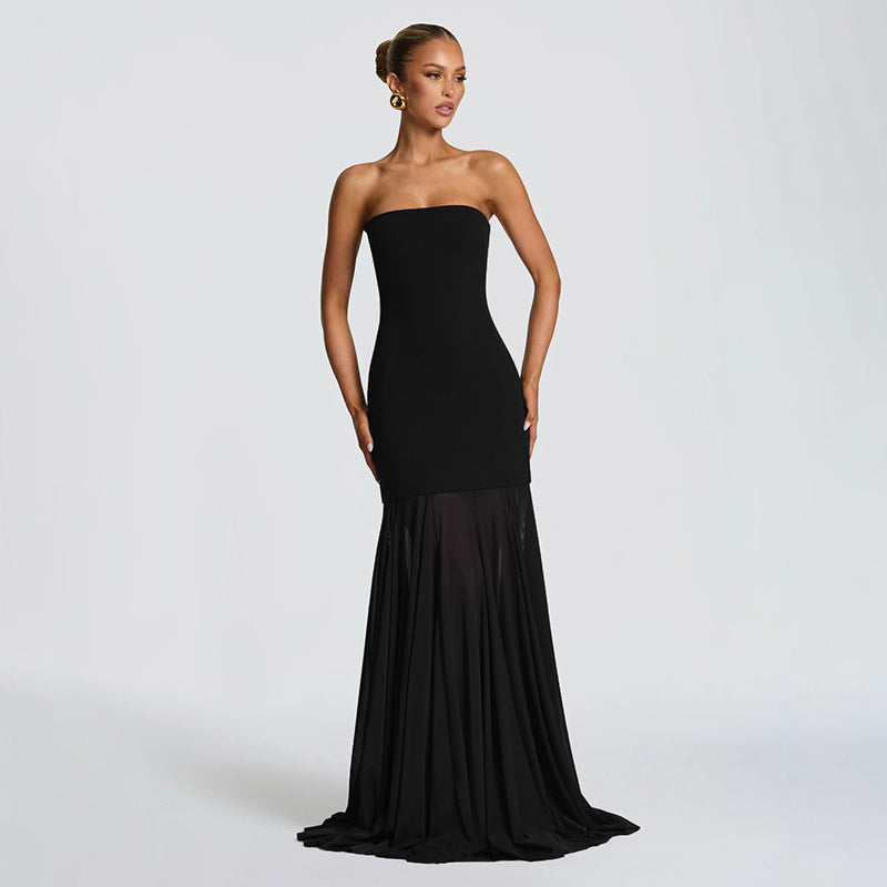Women Clothing Autumn Winter Solid Color Elegant Sleeveless Chiffon Stitching Tube Top Ribbon Maxi Dress
