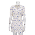 French Elegant Printed Short Word Dress Women V neck Short Sleeve High Waist Floral Dress
