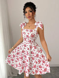 Women Clothing Floral Print High Waist Lace up Sweet A line Large Hem Dress
