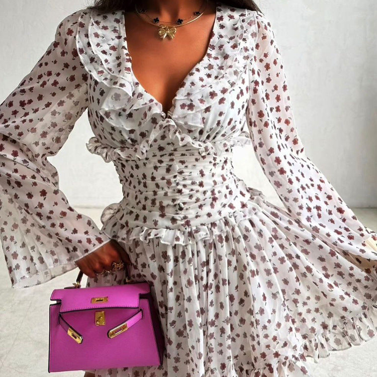 Women Digital Printing Elegant Dress V neck Long Sleeve Ruffled High Waist Lace up A line Dress
