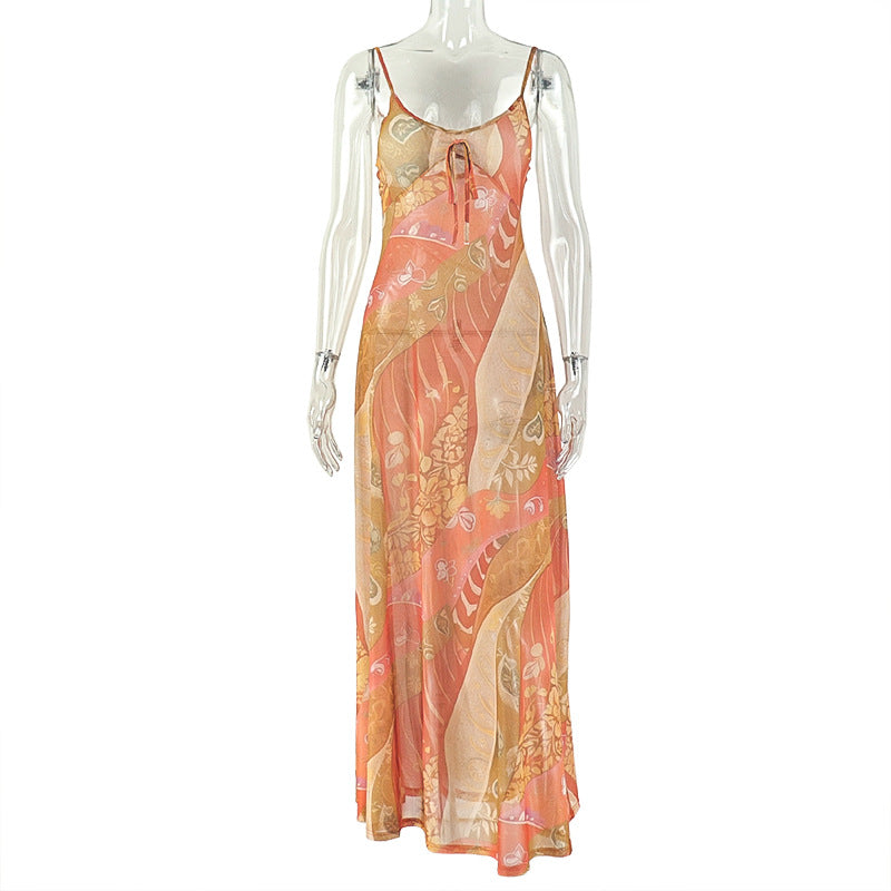 Printed Lightweight Women Sexy Backless Hip Dress Slim Strap Casual Holiday Maxi Dress