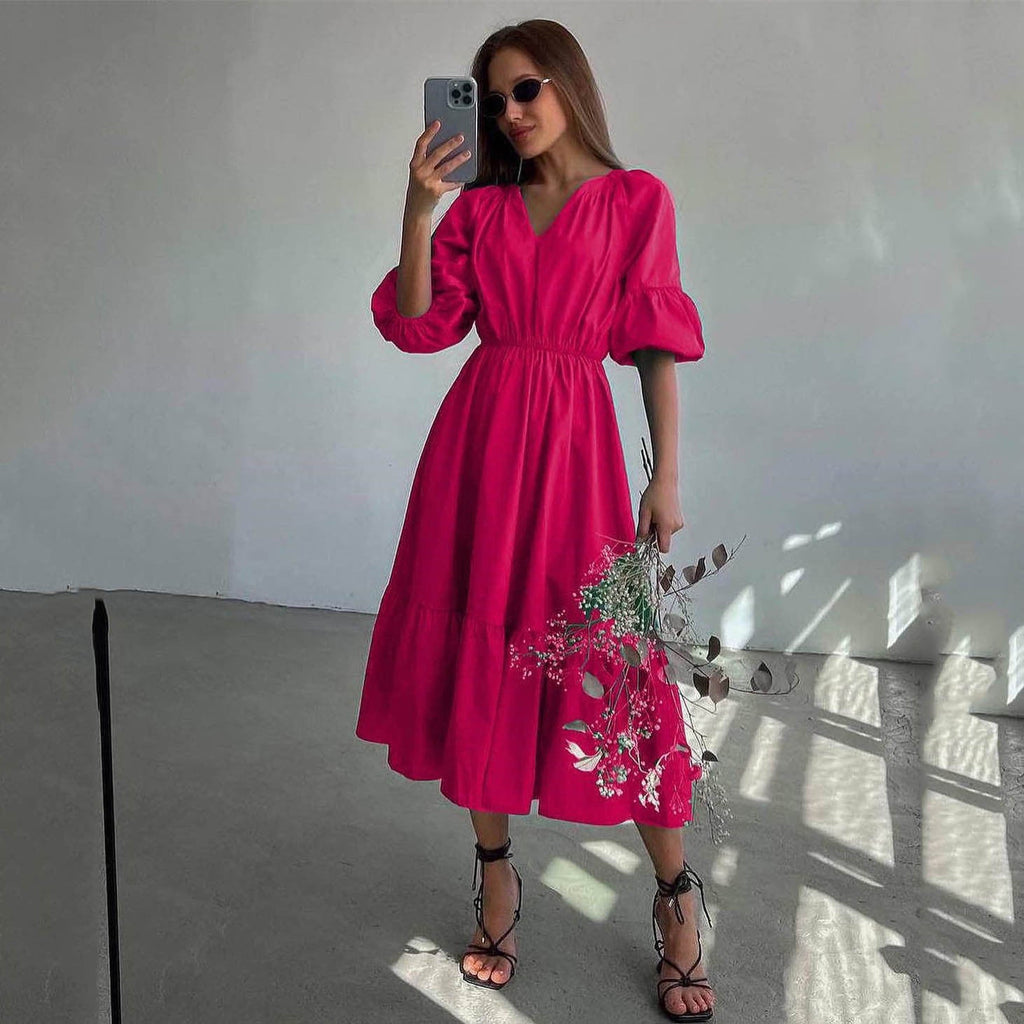 V neck Dress Office High Waist French Half Sleeve A line Dress Women Casual Dress Summer
