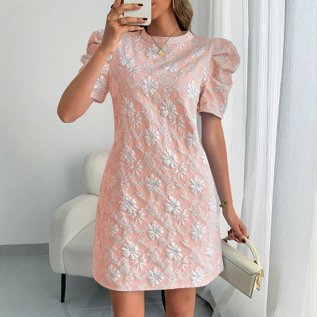 Summer Women Bubble Sleeve Texture Jacquard round Neck Retro Dress