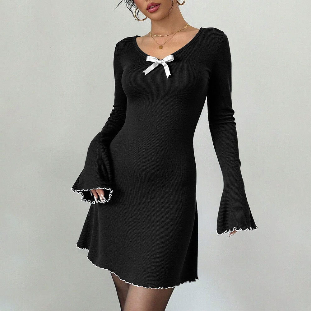 Elegant Hepburn Knitted Black White Contrast Color Bell Sleeve Slim Fit A line Long Sleeve Dress
