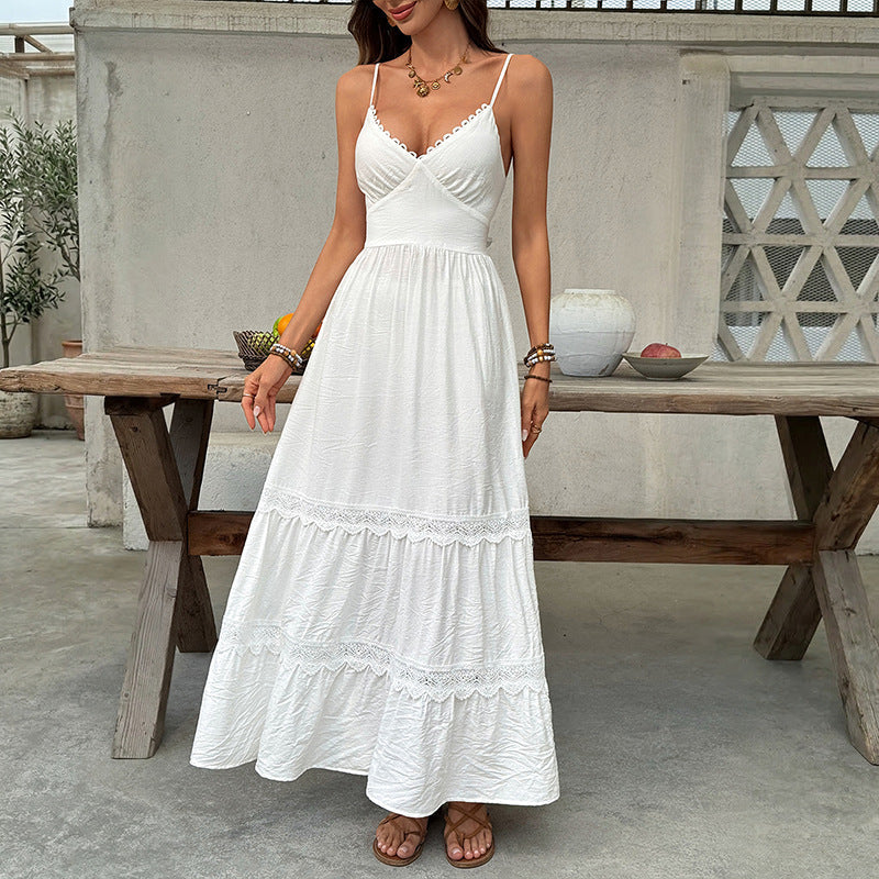 Simple Vacation White Lace Sling Cake Large Swing Dress