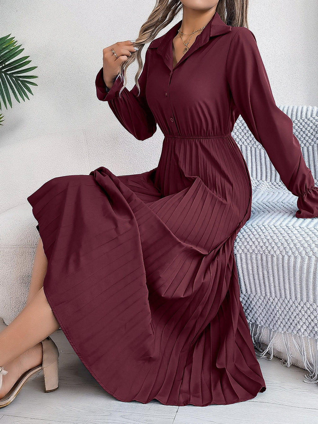 Autumn Winter Casual Collared Button Long Sleeve Cinched Pleated Maxi Dress Women Clothing