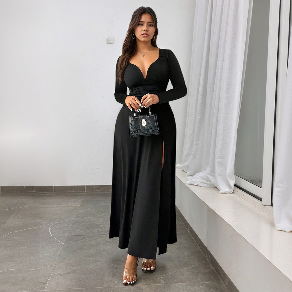 Retro Deep V Plunge neck Long Sleeve Split Black Large Swing Dress Women Slim Waist Elegant Formal Dress