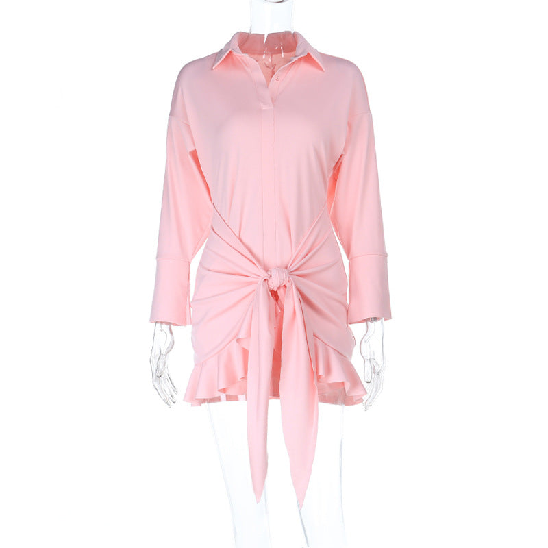 Full Support Ruffled Lace up Casual Elegant Solid Color Long Sleeve Shirt Dress