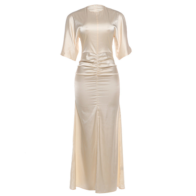 Spring Women Clothing Solid Color Elegant Slim round Neck Irregular Asymmetric Short Sleeve Waist Controlled Dress