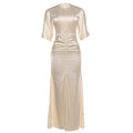 Spring Women Clothing Solid Color Elegant Slim round Neck Irregular Asymmetric Short Sleeve Waist Controlled Dress