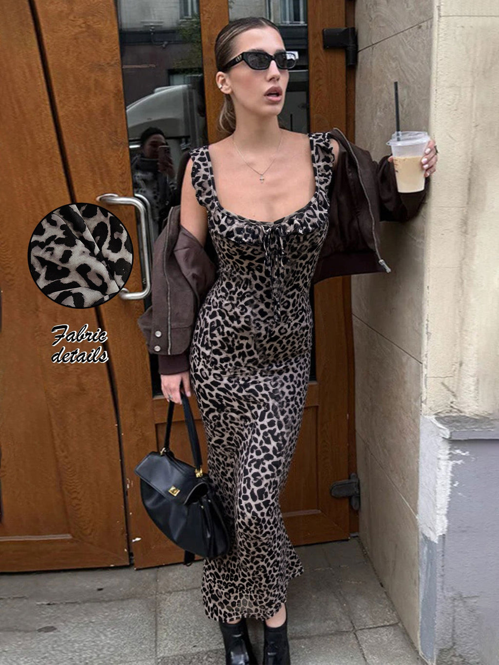 Vintage Leopard Print Lace up Waist Trimming Spaghetti Straps Dress Women Mid Length Sexy Slim Fit Figure Flattering Maxi Dress
