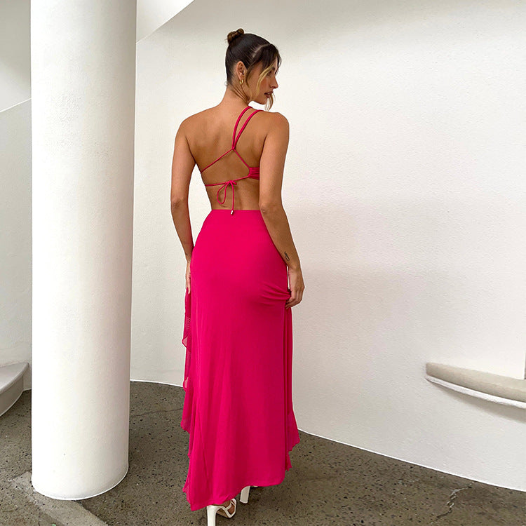 Summer French Strap Dress Women Ruffled Irregular Asymmetric Slit Maxi Dress Sexy