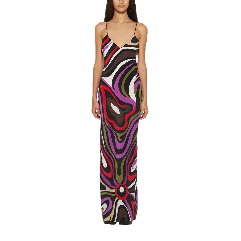 Summer Printed Satin Strap Backless Maxi Dress Women