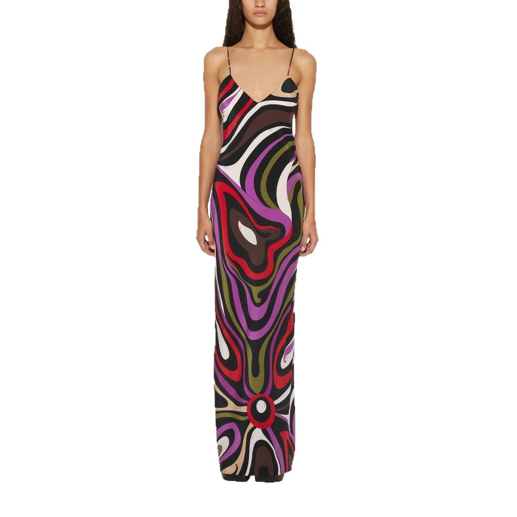 Summer Printed Satin Strap Backless Maxi Dress Women