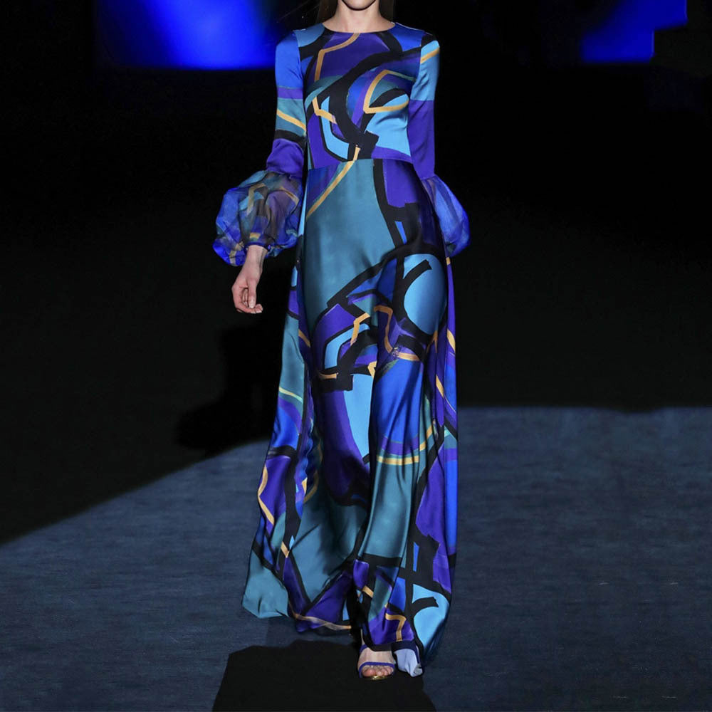 Blue Color Mid Waist Hepburn Office Maxi Dress Printing Dress