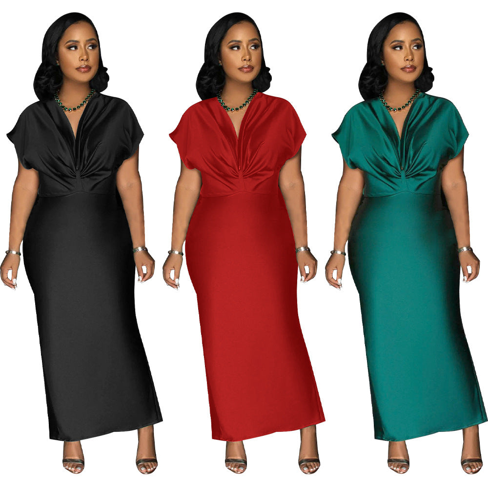 Women Wear V neck Short Sleeve Elegant Slim Back Slit Dress