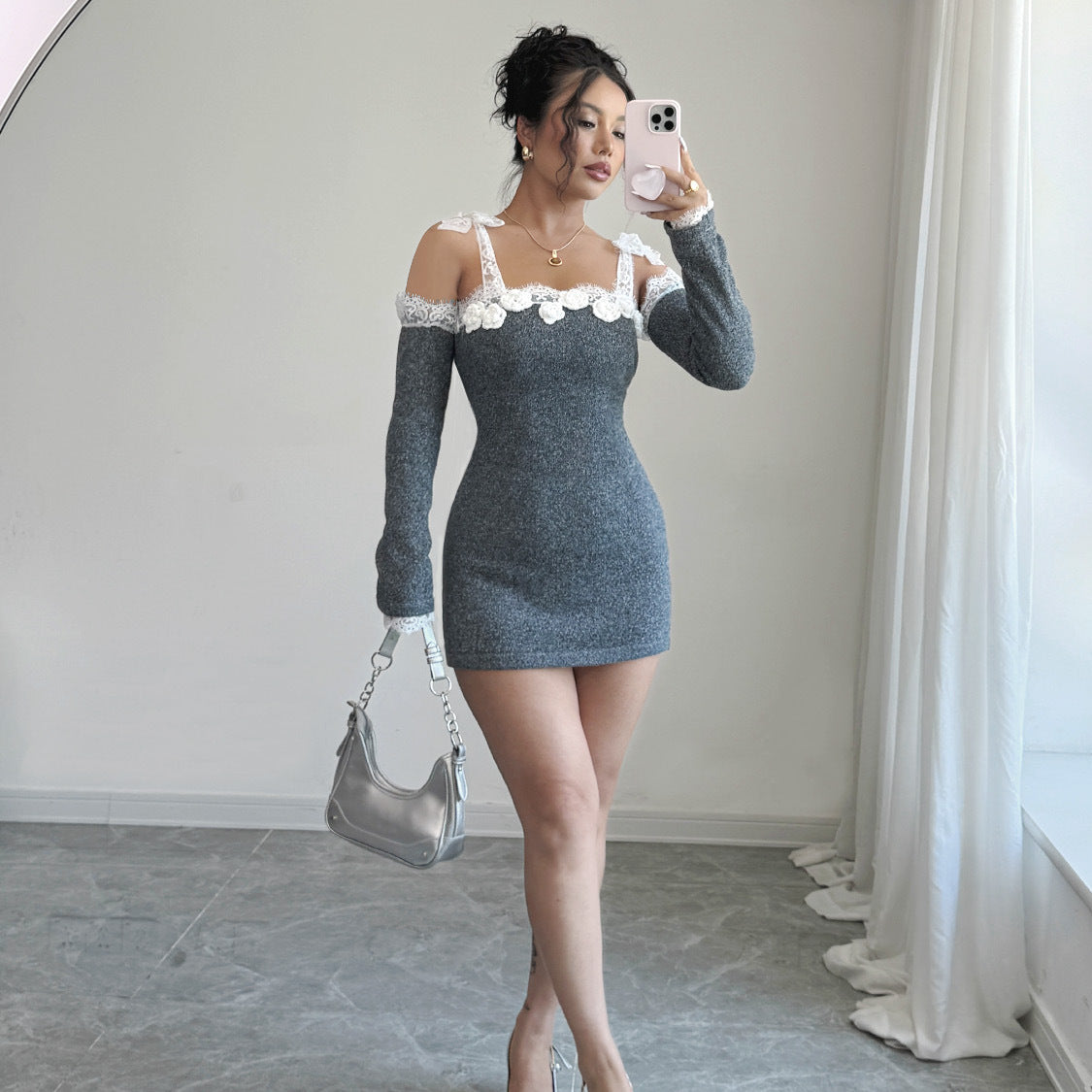 Lace Dress Stitching Hand Crocheting off Shoulder Dress Oversleeves Separated Type Knitted Dress Women Clothing Woolen Dress