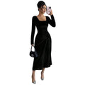 Black Velvet Dress Retro Square Collar Side Waist Pleated Slim Fit Inner Wear Autumn Winter High-Grade Dating Wear