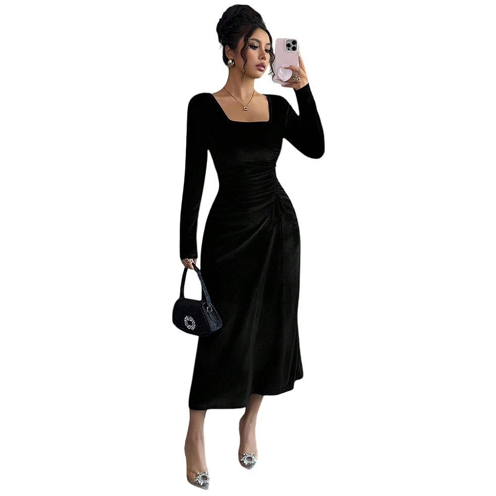 Black Velvet Dress Retro Square Collar Side Waist Pleated Slim Fit Inner Wear Autumn Winter High-Grade Dating Wear