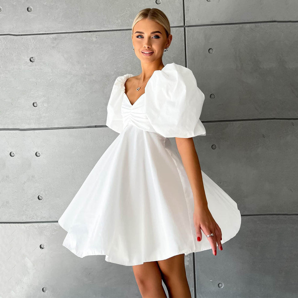 Off Neck Short Dress for Women Summer Puff Sleeve High Waist A line Dress French Princess Dress for Women