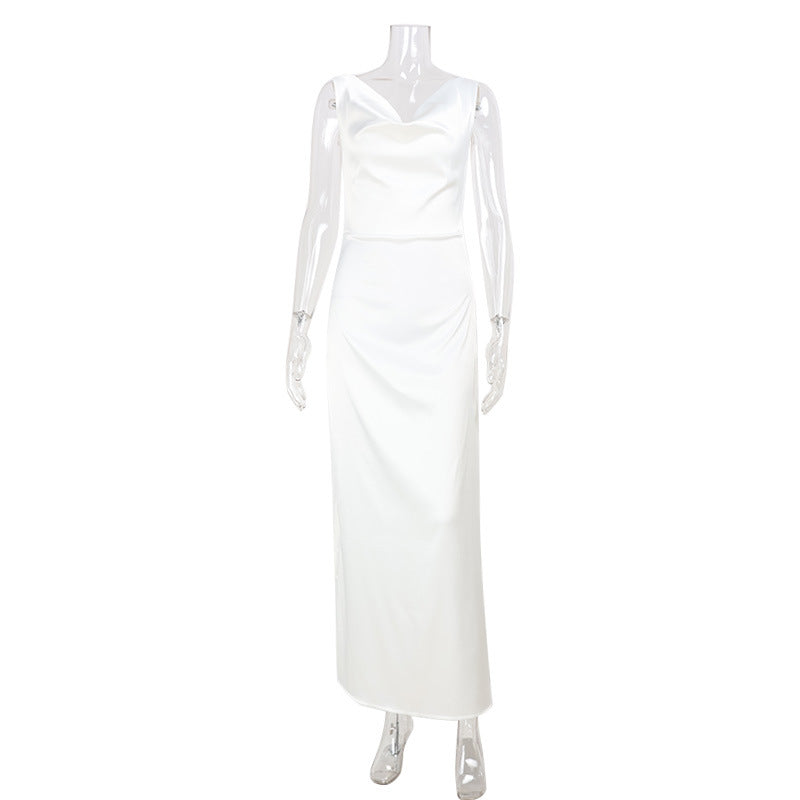Women Clothing French Sleeveless V neck Texture Satin Long Sleeve Slim Fit Socialite Dress