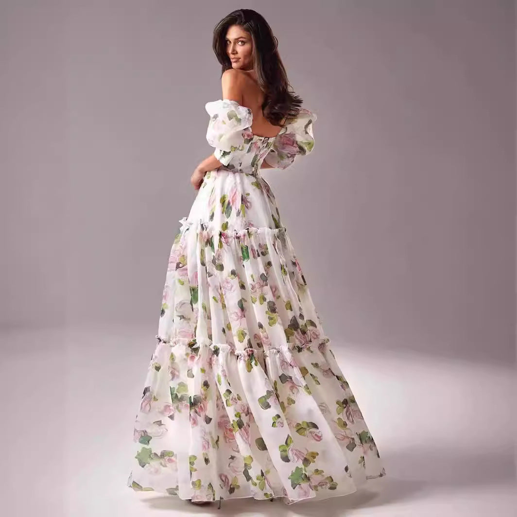 Spring Summer off the Shoulder Women Organza Fairy Long Elegant Evening Dress