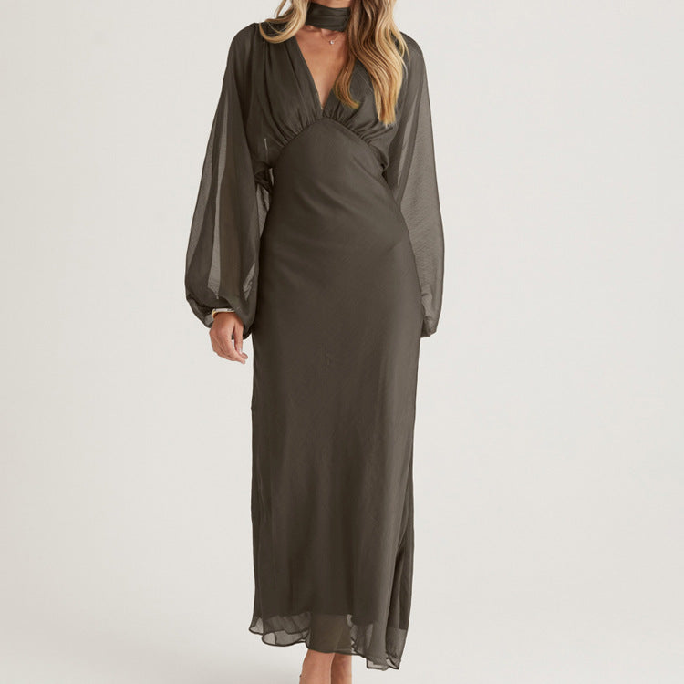 Elegant Women Clothing Autumn Design Pleated Dress Fashionable Scarf V neck Long Sleeve Narrow Maxi Dress