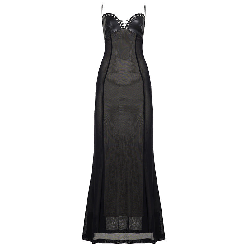 Sexy Elegant Lace up Chest Cover Eyelet Halter Dress Mesh Leather Slim Fit Patchwork Hip Wrapped Dress