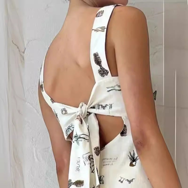 Bow Bandage Summer Maxi Dress Women Cothing Printed Sleeveless Office Long Suspender Amplified craft