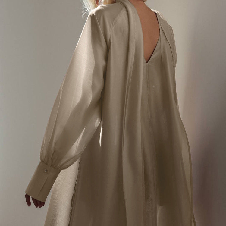 Women Clothing Stand up Collar Tie Dress Long Sleeve Side Slit Loose Casual Dress