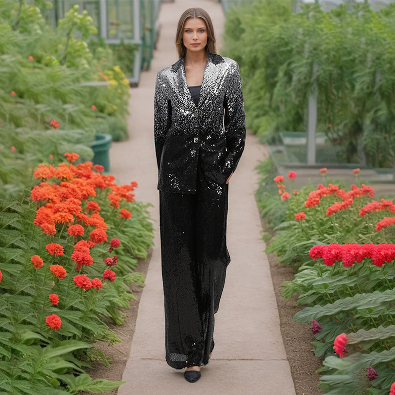 Elegant Light Luxury Long Sleeve Two Piece Sets Autumn Sequin Design High Sense Slimming