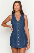 Autumn Button Placket Lace up Back Waist Denim Dress Retro Dress Women