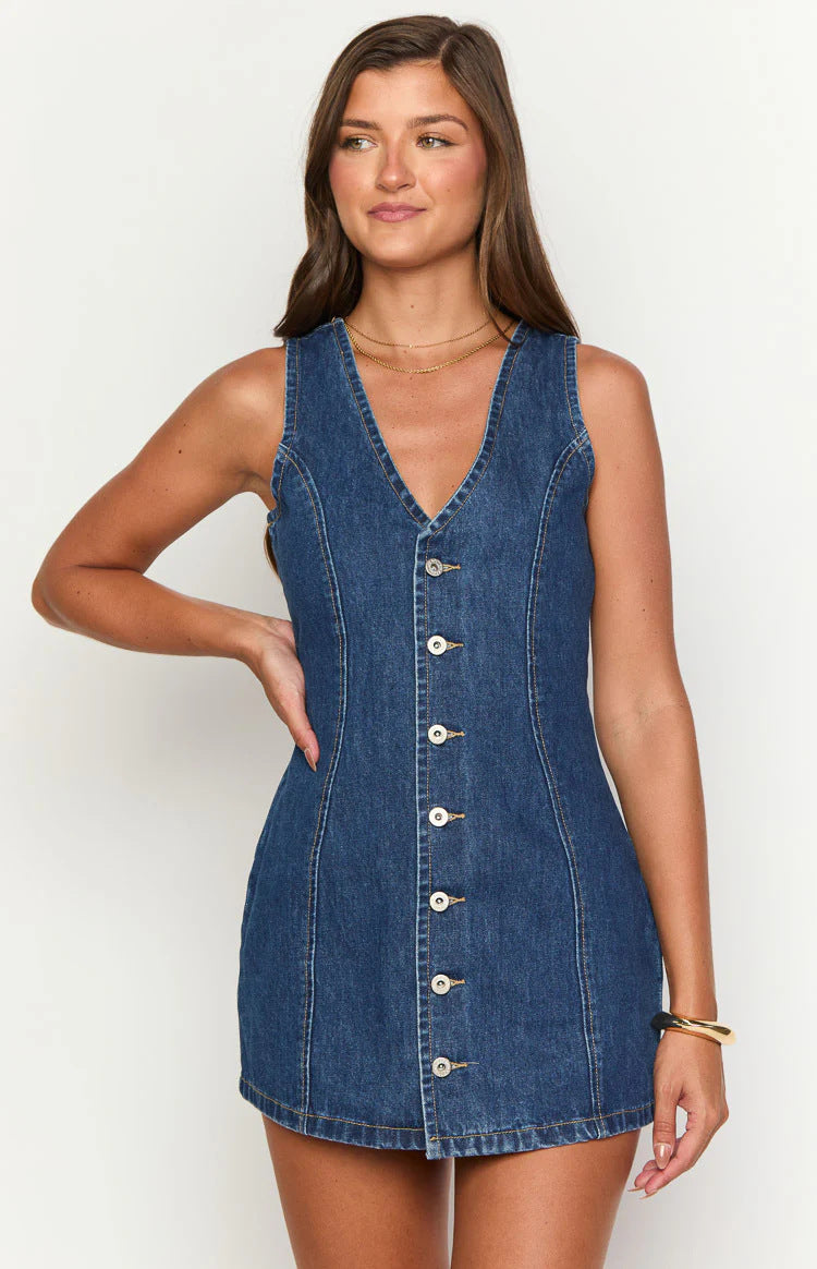 Autumn Button Placket Lace up Back Waist Denim Dress Retro Dress Women
