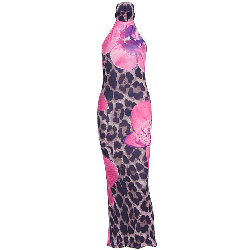 Summer Women Clothing Sexy Leopard Print round Neck Backless Slim Fit Sheath Dress