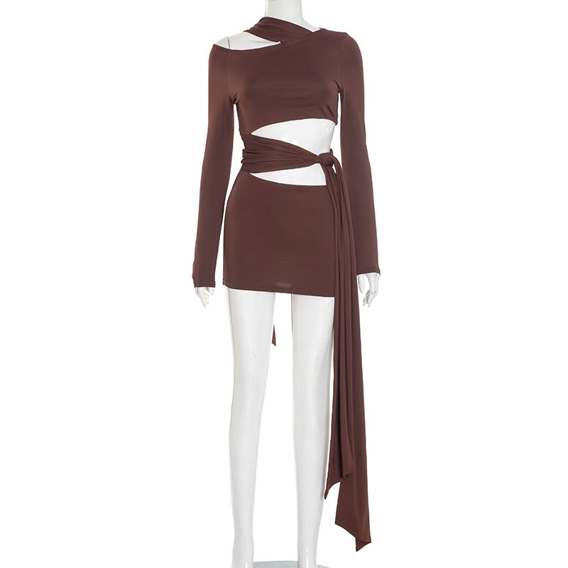 Women Clothing Autumn Strap off the Shoulder Hollow Out Cutout Irregular Asymmetric Dress