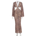 Women Clothing Summer Sexy Leopard Print Lace up Deep V Plunge neck Hollow Out Cutout out Long Sleeve Dress Sexy