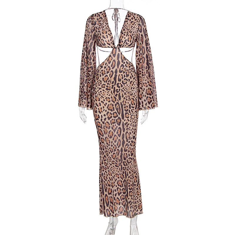 Women Clothing Summer Sexy Leopard Print Lace up Deep V Plunge neck Hollow Out Cutout out Long Sleeve Dress Sexy