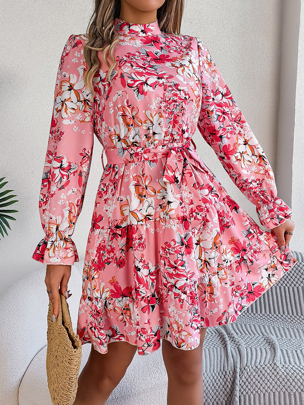 Real Shot Autumn Winter Elegant Stand Collar Floral Waist Controlled Long Sleeves Ruffled A line Dress Women Clothing