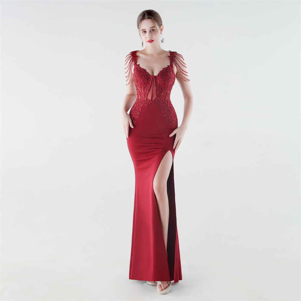 Heavy Industry Boning Corset Waist Binding Rhinestone Floral Evening Dress