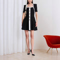 Square Collar Short Sleeve Color Matching with Metal Button Single Row Multi Buckle Design Ladies Dress